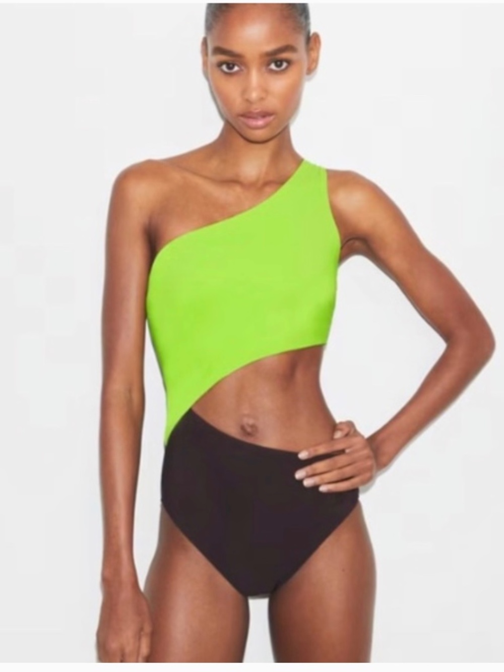Tory Burch One-Shoulder Cutout One-Piece in Neon Green and Black
